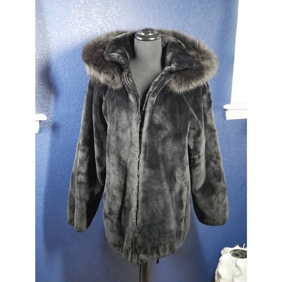 Gorgeous Black Sheared Beaver & Fox Fur Hooded Bomber Coat Jacket UNISEX - Picture 1 of 6